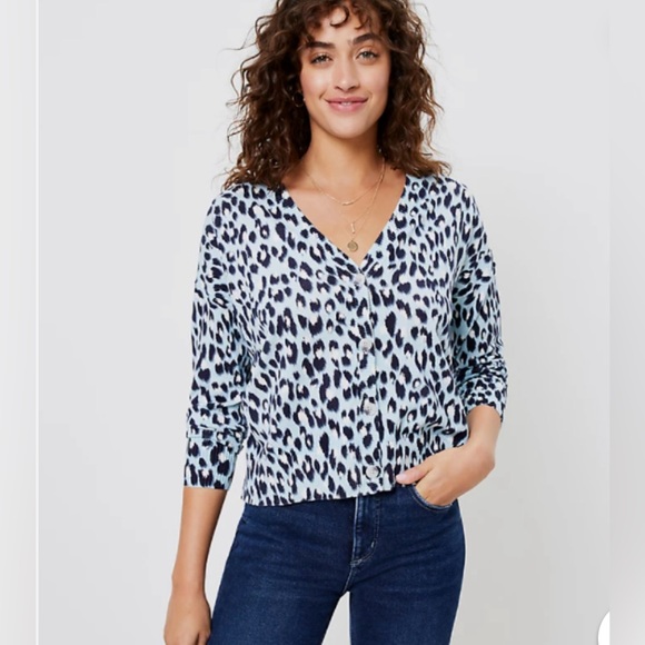LOFT Leopard Print V Neck Cardigan in Sea Glass Blue Size Large - Picture 1 of 7